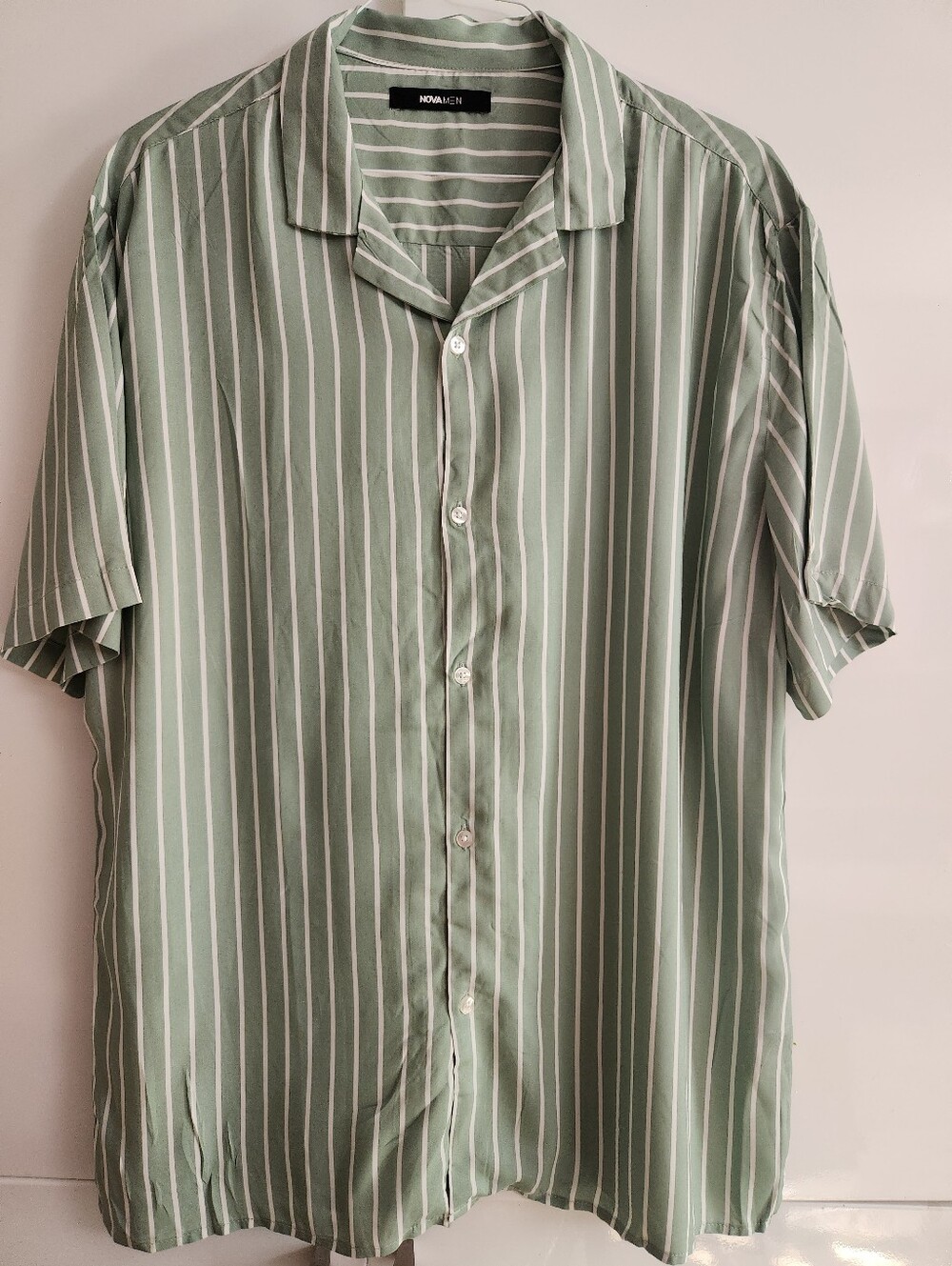 Fashion Nova Sage Green Vertical Stripe Camp Shirt